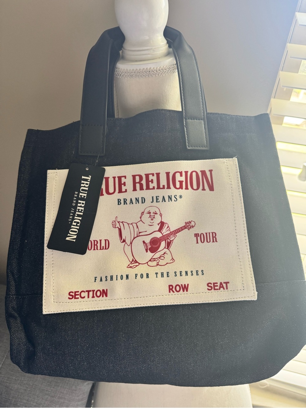 True Religion Black Tote with White and Red Graphic Patch